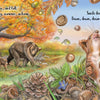 In "The Tiniest Giant" by Schiffer Publishing, Ltd., a tree sheds acorns as a bear family passes by; a chipmunk watches seeds fall amid grass, pinecones, and mushrooms, while text teaches about the acorn life cycle and autumn changes.
