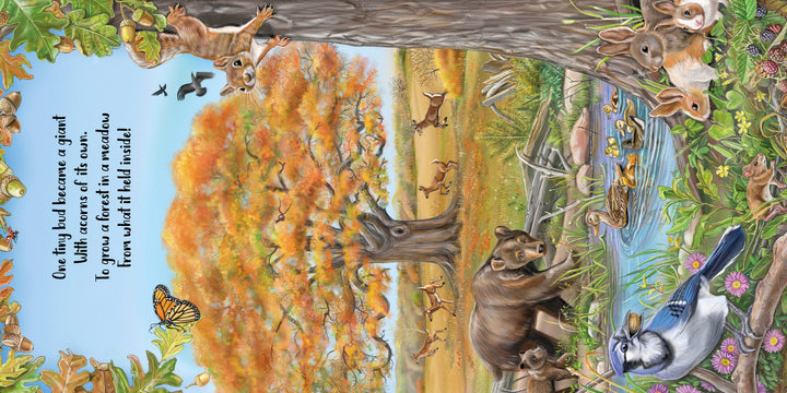 A large tree with orange leaves stands by a pond, surrounded by rabbits, deer, bears, a fox, birds, squirrels, and a butterfly in "The Tiniest Giant" by Schiffer Publishing, Ltd., with a charming poem on the left—perfect for a board book.