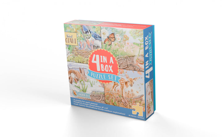 The Tiniest Giant 4-in-1 Puzzle Set by Schiffer Publishing, Ltd. features four wildlife puzzles—deer, rabbits, butterfly—for ages 3+. Each puzzle is beautifully illustrated and inspired by The Tiniest Giant.