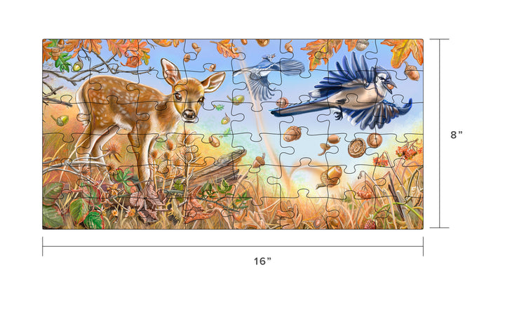 The Tiniest Giant 4-in-1 Puzzle Set by Schiffer Publishing, Ltd. features a 24-piece puzzle with a fawn in autumn leaves, two blue jays, acorns, and orange foliage. Ideal for kids' puzzle fans. Dimensions: 16" W x 8" H.