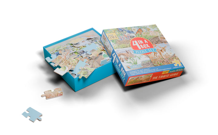 The Tiniest Giant 4-in-1 Puzzle Set by Schiffer Publishing, Ltd. features colorful animal artwork and illustrated pieces. The open box displays pieces inside and two scattered outside, inviting children to enjoy playful puzzling fun.
