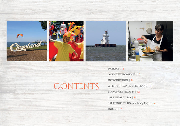 The table of contents page for "101 Things to Do in Cleveland" by Schiffer Publishing, Ltd. features four photos—a Cleveland sign by the water, a colorful costume, a lighthouse, and a chef—with chapter titles on a wood-textured background.