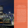 Night view of downtown Cleveland with illuminated skyscrapers, the green-lit Terminal Tower, and Detroit-Superior Bridge—a highlight featured in "101 Things to Do in Cleveland" by Schiffer Publishing, Ltd.