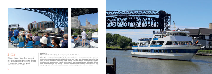 A group enjoys a scenic cruise on the Cuyahoga River under a city bridge—an experience featured in "101 Things to Do in Cleveland" by Schiffer Publishing, Ltd.