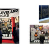 A magazine spread in "101 Things to Do in Cleveland" by Schiffer Publishing, Ltd. highlights the Rock & Roll Hall of Fame's top exhibits, including memorabilia, guitars, the "Cleveland Rocks" sign, interactive walls, and historic artifacts.