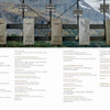 Five backpacks hang on numbered hooks against a wooden fence with a mountain backdrop evocative of the European Alps, promoting "Alpine Railways" by Schiffer Publishing, Ltd. Below is a magazine’s table of contents listing articles and sections.
