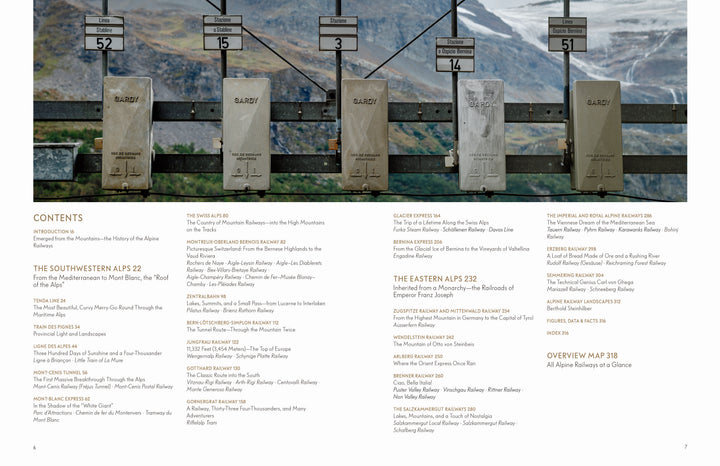 Five backpacks hang on numbered hooks against a wooden fence with a mountain backdrop evocative of the European Alps, promoting "Alpine Railways" by Schiffer Publishing, Ltd. Below is a magazine’s table of contents listing articles and sections.
