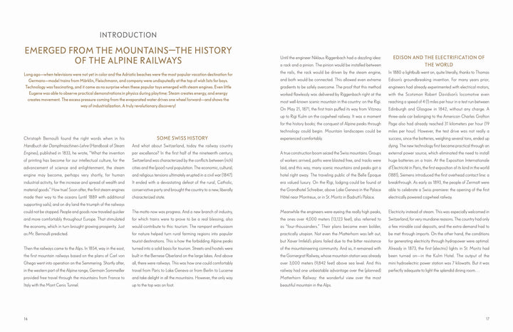 An open book spread from *Alpine Railways* by Schiffer Publishing, Ltd. features a three-column introduction covering Swiss railway pioneers, mountain journeys, and Edison's electrification impact.