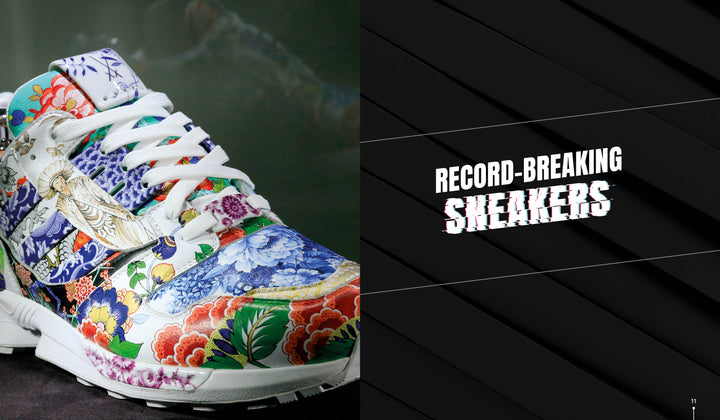 A vibrant Legendary Sneakers design by Schiffer Publishing, Ltd. featuring florals and gold accents is shown on the left. On the right, striking white "RECORD-BREAKING SNEAKERS" text pops over a black background with diagonal lines.