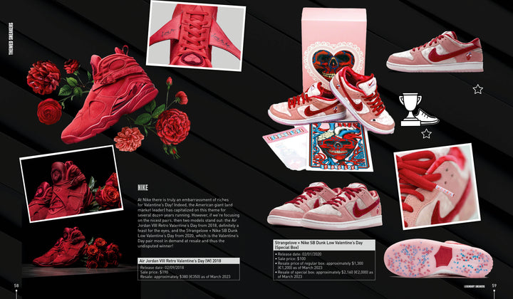 A magazine spread features "Legendary Sneakers" from Schiffer Publishing, Ltd., showcased with roses, cards, and heart-themed graphics. Close-ups highlight designs that make this collection a must-see for sneaker enthusiasts.