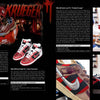 A magazine spread features Legendary Sneakers from Schiffer Publishing, Ltd., with close-ups and display shots set against bold red, horror-style graphics, enticing collectors and detailing each sneaker in stylish text boxes.