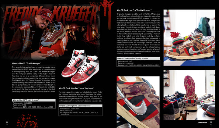 A magazine spread features Legendary Sneakers from Schiffer Publishing, Ltd., with close-ups and display shots set against bold red, horror-style graphics, enticing collectors and detailing each sneaker in stylish text boxes.