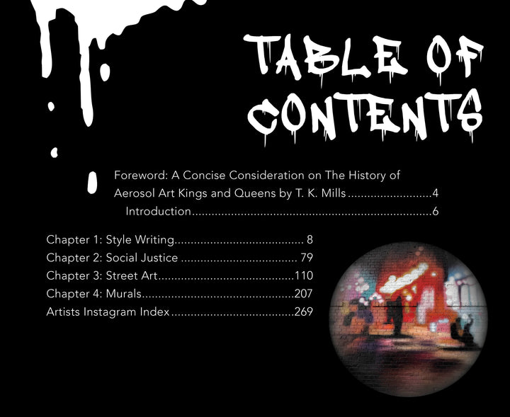 The "Aerosol Art Kings" table of contents from Schiffer Publishing, Ltd. features dripping white paint, graffiti-style text, and chapter listings. A blurred circular image of people and wall art captures the energy of New York City street art.