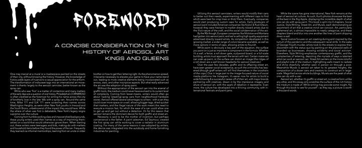 Black image with white text; FOREWORD appears in a dripping paint style. "Aerosol Art Kings" by Schiffer Publishing, Ltd. explores aerosol art’s history, its New York City graffiti roots, and evolution into a respected art form.