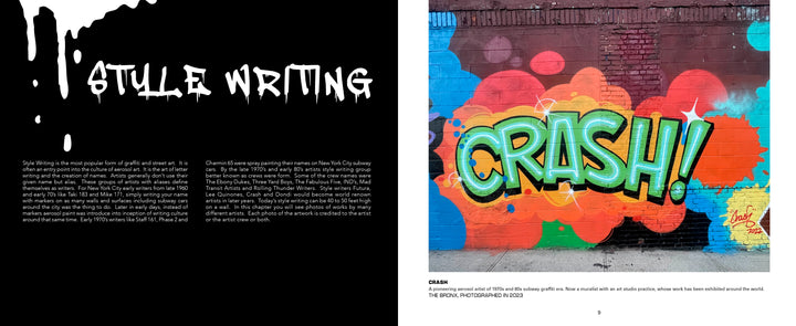 A vibrant mural spelling CRASH!! in bold letters is showcased on a brick wall, surrounded by colorful shapes—highlighting New York City street art in Aerosol Art Kings by Schiffer Publishing, Ltd., with STYLE WRITING in large, dripping letters on the next page.