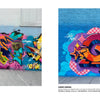 Side-by-side photos from "Aerosol Art Kings" by Schiffer Publishing, Ltd. Left: bold, colorful abstract letters and shapes on a pink wall. Right: layered, stylized red, yellow, and blue letters on a blue wall.