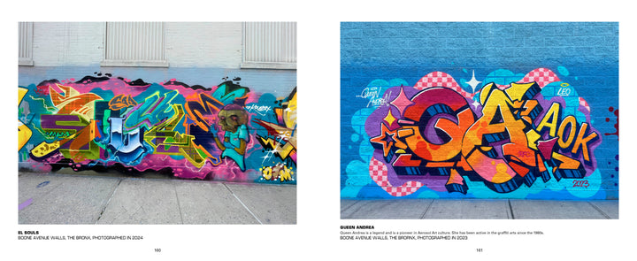 Side-by-side photos from "Aerosol Art Kings" by Schiffer Publishing, Ltd. Left: bold, colorful abstract letters and shapes on a pink wall. Right: layered, stylized red, yellow, and blue letters on a blue wall.