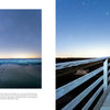 A two-page spread from Schiffer Publishing's *Midnight on Cape Cod* showcases starry skies, twilight icebergs, and a wooden walkway to the horizon, capturing the essence of Cape Cod nighttime photography.