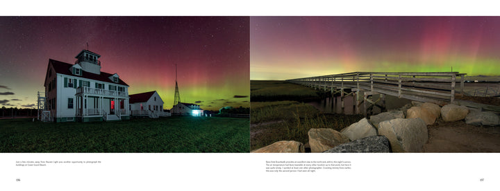 Midnight on Cape Cod" by Schiffer Publishing, Ltd. captures a house and bridge aglow beneath vibrant green and pink auroras, evoking classic nighttime Cape Cod photography with a glowing window over rocks and marshland.
