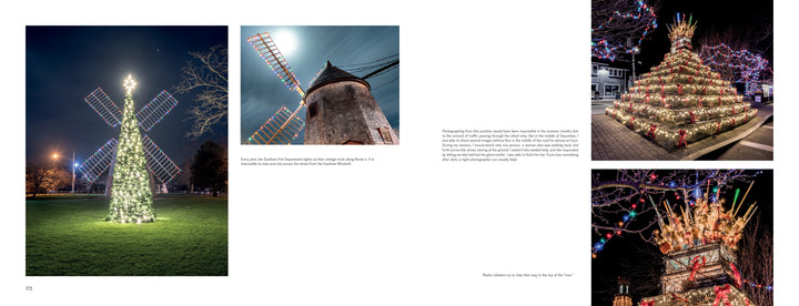 Capturing festive outdoor windmills adorned with holiday lights and ornaments under night skies, "Midnight on Cape Cod" by Schiffer Publishing, Ltd. showcases Timothy Little’s stunning photography.