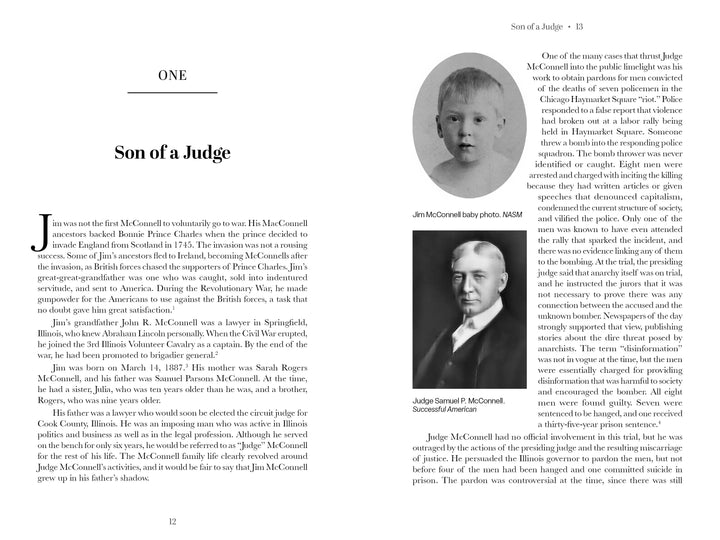 Book page about Jim McConnell’s early life and family, with two black-and-white photos: baby Jim McConnell (NAISM) and Judge Samuel McConnell (Scottish American). Early inspiration for The Aviator by Schiffer Publishing, Ltd.