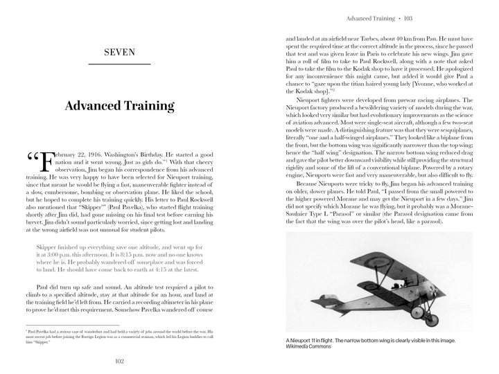 A layout from The Aviator by Schiffer Publishing, Ltd. features World War I pilot training text under the chapter "Advanced Training," with a photo of a Nieuport 11 flown by the Lafayette Escadrille at the bottom right.