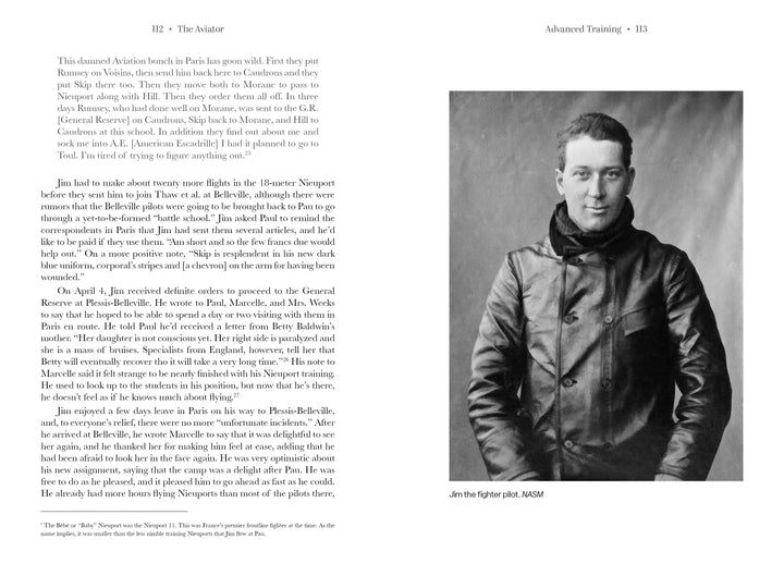 A black-and-white photo shows a young man in a leather aviator jacket and scarf. Beside him is a book page from "The Aviator" by Schiffer Publishing, Ltd., detailing aviation training. Caption: Jim the fighter pilot. NASM.
