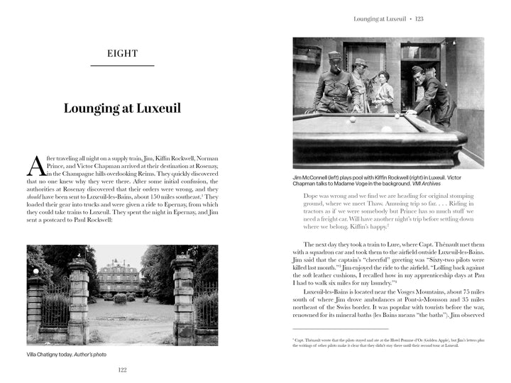 Two book pages from "The Aviator" by Schiffer Publishing, Ltd.: Left, a black-and-white photo of Villa Chauving; right, four smiling Lafayette Escadrille WWI pilots in uniform posed on a balustrade.