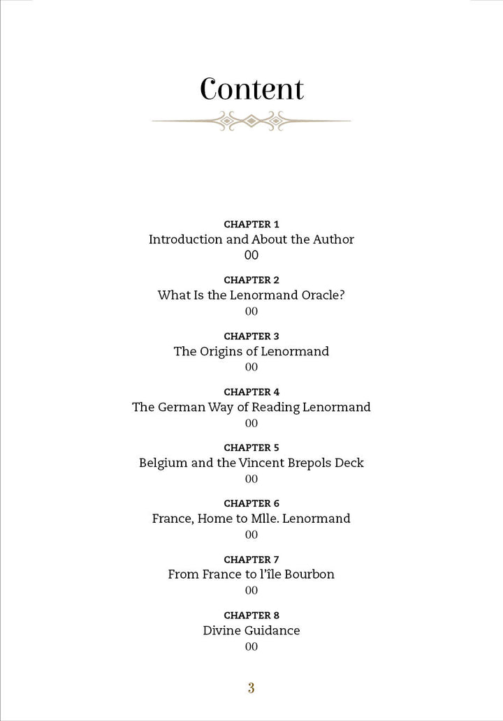 The Lenormand Around the World table of contents, from Schiffer Publishing, Ltd., features eight chapters on Lenormand origins, techniques, reading methods, and interpretations, each chapter currently showing page 00.