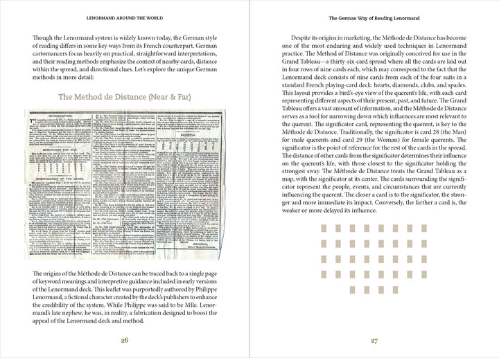A book spread from "Lenormand Around the World" by Schiffer Publishing, Ltd. features text and two images of historic German reading tables, with organized headers and paragraphs explaining the Method de Distance and its use in Lenormand methods.