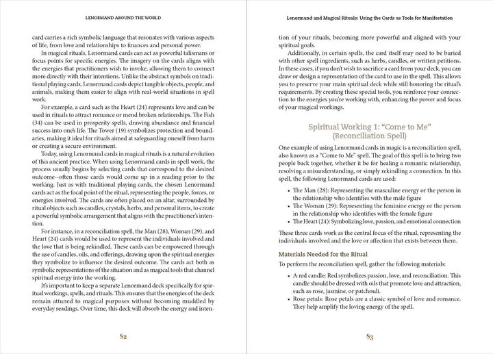An open book, "Lenormand Around the World" by Schiffer Publishing, Ltd., displays pages 82–83 with text on Lenormand card readings and Come to Me reconciliation spells, including necessary materials and step-by-step instructions.
