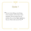 A white page with a gold border from Schiffer Publishing, Ltd.'s The Law of One Contemplation Deck displays BOOK I and Quote 1: “You are every thing, every being, every emotion... You are infinity. You are love/light, light/love. You are. This is the Law of One.”.