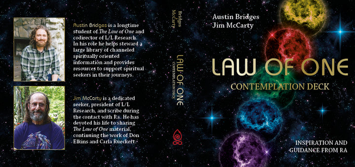 The image displays the front and back covers of The Law of One Contemplation Deck by Schiffer Publishing, Ltd., featuring vibrant light orbs and author bios—ideal for exploring spiritual evolution with Ra quotations.