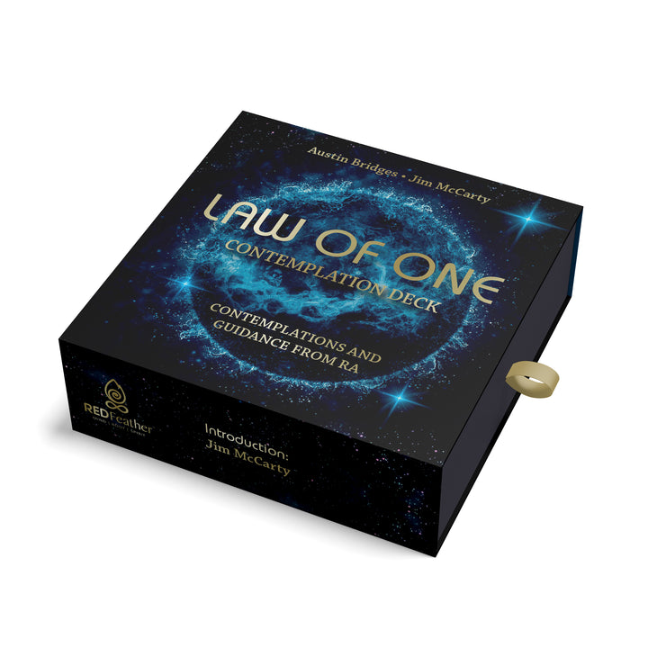 The Law of One Contemplation Deck by Schiffer Publishing, Ltd. is a black box featuring a blue cosmic ring and credits Austin Bridges and Jim McCarty. It offers contemplations and Ra quotations for spiritual guidance.