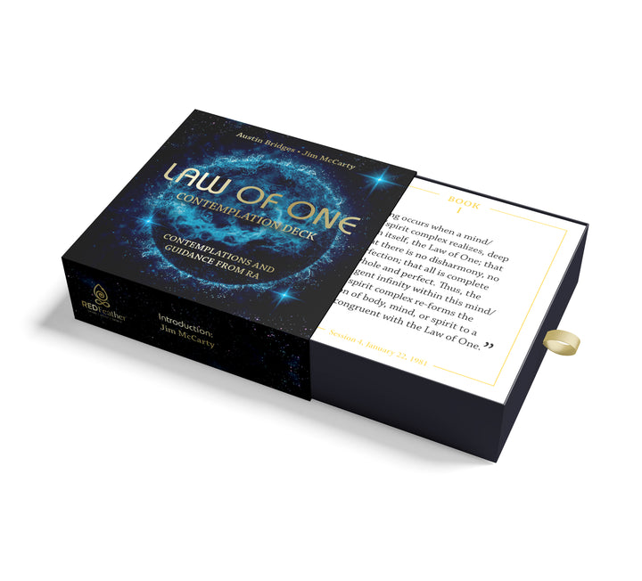 A partially open black box labeled "The Law of One Contemplation Deck" by Schiffer Publishing, Ltd. displays a cosmic blue design, a card with Ra quotations, and a gold ribbon tab for easy access.