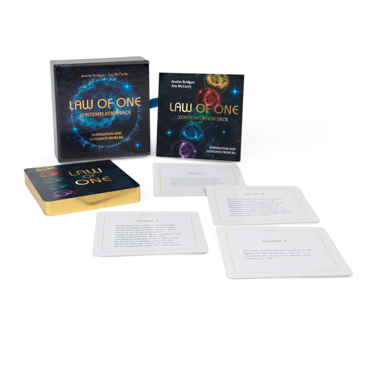 The Law of One Contemplation Deck by Schiffer Publishing, Ltd. is shown boxed with a stack of cards and four individual cards displaying Ra quotes and chapter headings, all arranged on a white background.