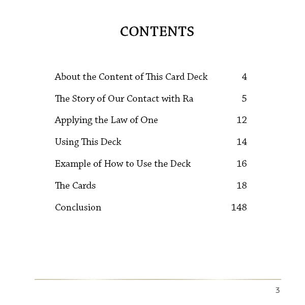 The Law of One Contemplation Deck by Schiffer Publishing, Ltd. features a table of contents with seven sections: card deck, Law of One principles, Ra quotations, instructions, examples, spiritual evolution, and conclusion.