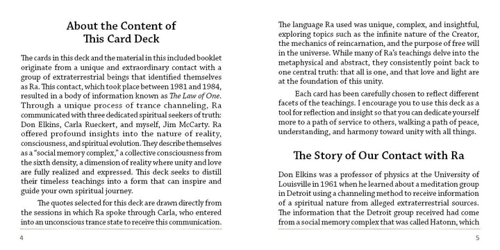 A two-page spread from Schiffer Publishing's The Law of One Contemplation Deck: the left page discusses the deck’s spiritual purpose, while the right shares its history and key Law of One principles.