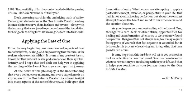 In The Law of One Contemplation Deck by Schiffer Publishing, Ltd., each two-page spread features a Ra quote on spiritual growth alongside tips for applying the Law of One, reflective text, and a closing signature from Jim McCarty.