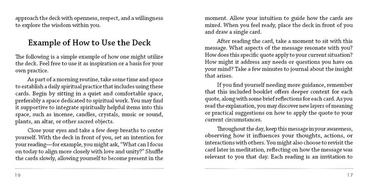 A page from Schiffer Publishing, Ltd.'s The Law of One Contemplation Deck offers step-by-step guidance, Ra quotes, and prompts for reflection. The layout features a white background with black serif text.