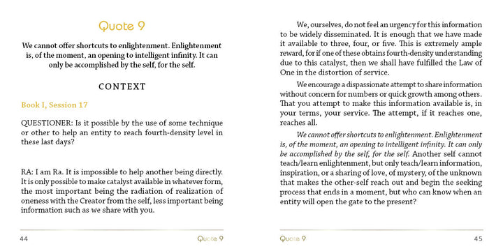 Two open pages from The Law of One Contemplation Deck by Schiffer Publishing, Ltd. feature text from Book 1, Question 17, on the challenge and value of enlightenment—a meaningful asset for any contemplation deck collection.