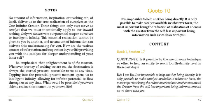 Two pages from Schiffer Publishing's The Law of One Contemplation Deck discuss spiritual teachings, catalysts for enlightenment, and context, featuring highlighted text, Ra quotes (Book I, Session 17), with page numbers 46-47 at the bottom.