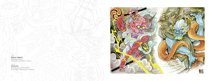 Two vivid mythological figures—a red one with a club and a blue one amid orange clouds—appear in dynamic poses in traditional Japanese style. Features subtle French Kiss Tattoo Project designs. From Schiffer Publishing's Tattoo Flash collection.