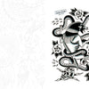 Tattoo Flash from the French Kiss Project by Schiffer Publishing, Ltd.: black-and-white tattoo-style art featuring a coiled snake with a skull, roses, a dagger-holding hand, and an ornate portrait of a woman.