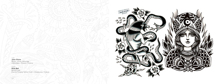 Tattoo Flash from the French Kiss Project by Schiffer Publishing, Ltd.: black-and-white tattoo-style art featuring a coiled snake with a skull, roses, a dagger-holding hand, and an ornate portrait of a woman.