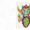 Two vibrant cartoon monsters from "Tattoo Flash from the French Kiss Project" by Schiffer Publishing, Ltd.: one with a horned skull mask and bat wings, the other purple with sharp teeth and a green hat—both in playful tattoo art style.
