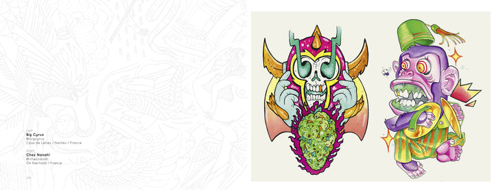 Two vibrant cartoon monsters from "Tattoo Flash from the French Kiss Project" by Schiffer Publishing, Ltd.: one with a horned skull mask and bat wings, the other purple with sharp teeth and a green hat—both in playful tattoo art style.