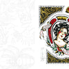 Tattoo Flash from the French Kiss Project by Schiffer Publishing, Ltd. showcases a vintage tattoo-style woman with curly hair, rose, tiger, snake, and bold "HAND MADE" and "LOVE" text in classic tattoo motifs and colors.