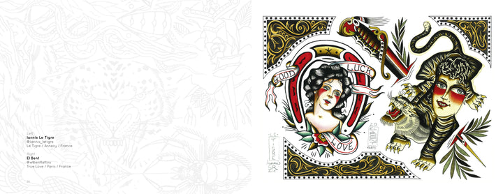 Tattoo Flash from the French Kiss Project by Schiffer Publishing, Ltd. showcases a vintage tattoo-style woman with curly hair, rose, tiger, snake, and bold "HAND MADE" and "LOVE" text in classic tattoo motifs and colors.