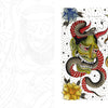 Tattoo Flash from the French Kiss Project by Schiffer Publishing, Ltd. features colorful snakes, a red rose, LOVE hearts, a dagger, and yellow, blue, and red flowers on white with black dots.